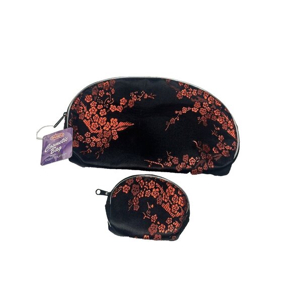 zipper pouch and coin pouch black with red flowers - Picture 1 of 5